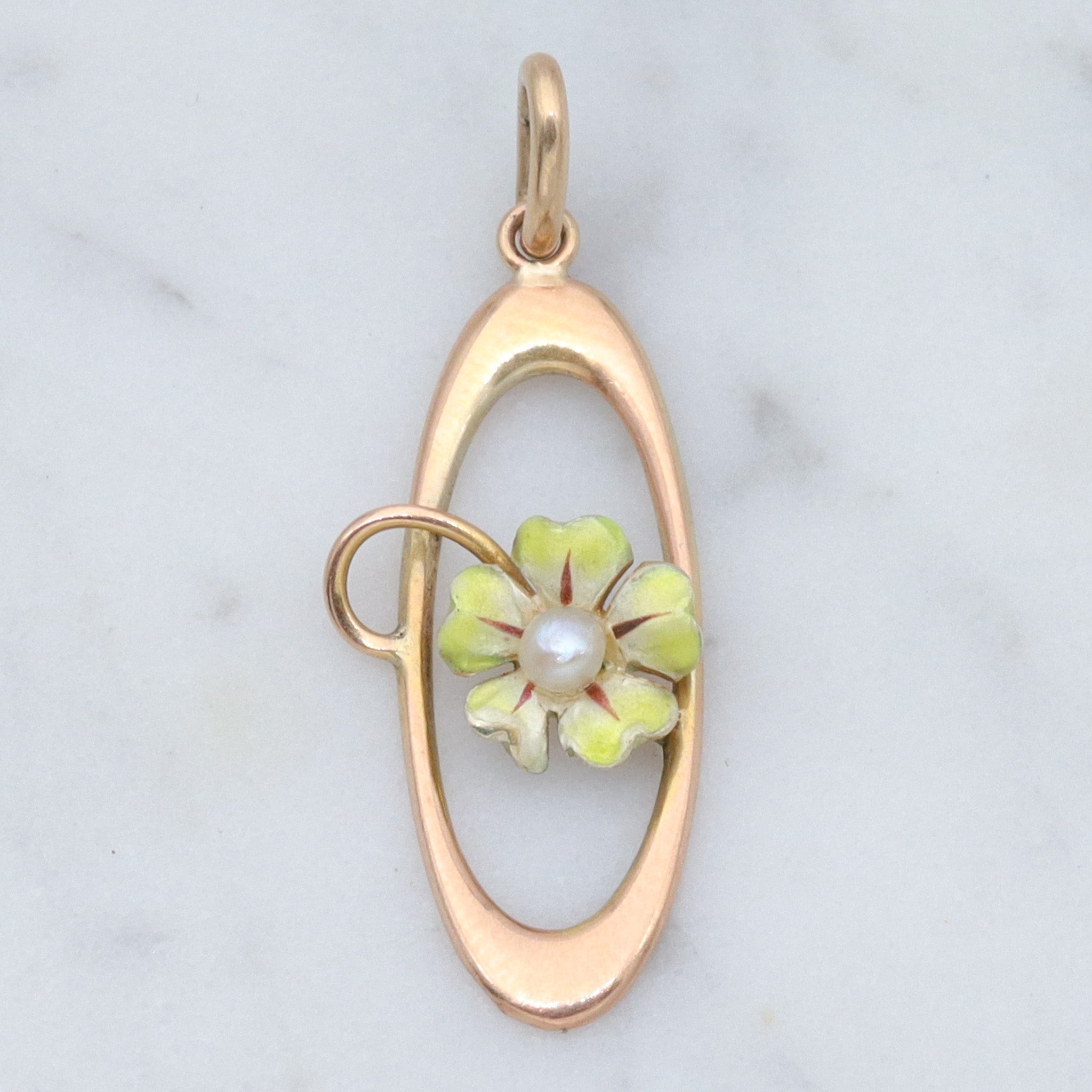 Antique Art Nouveau 10k gold enamel & pearl flower drop pendant